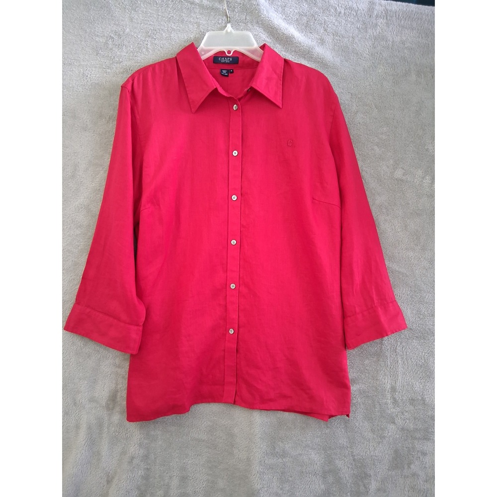 Chaps Linen ButtonUp Shirt 1X Red 3/4 Sleeve Preppy Office Coastal Travel Casual